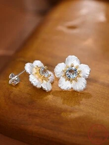 Cici Color 1 Pair of  New Rhodium-plated S925 Silver Inlaid Blue Round Topaz, Casual Lovely Couple Gift Delicate Little Daisy Shape Fine Earrings, Suitable for Women's Daily Life, Dating, Travel, with Gift Box