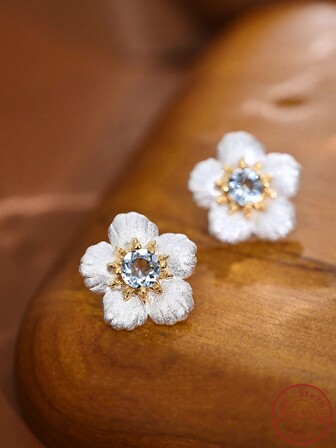 Cici Color 1 對新款鍍銠 S925 銀鑲嵌藍色圓形托帕石,休閒可愛情侶禮物精緻小雛菊形狀精美耳環,適合女士日常生活、約會、旅行,帶禮盒