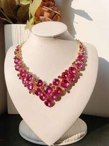 1pc Ladies Rhinestone Decor Necklaces Stylish  Fashionova Chunky Bib Cocktail - Hot Pink - View 3