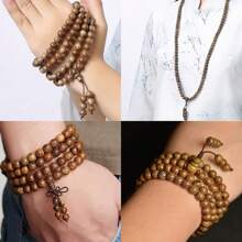 1條木製手鍊108顆念珠手鍊,8mm木頭念珠檀香木連接手鏈手鍊,男女皆適用的編結手鍊項鍊 - 卡其色 - 查看 4