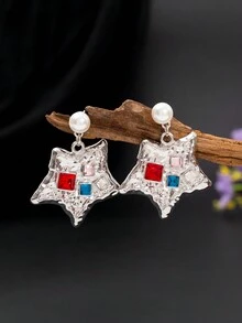 1 Cặp Hoa tai ngôi sao hợp kim kẽm không đối xứng thời trang mới cổ điển dành cho phụ nữ hình vuông thủy tinh nhiều màu ngọc trai giả trang sức màu sắc phù hợp - Bạc - Xem 1
