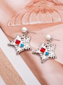 1 Cặp Hoa tai ngôi sao hợp kim kẽm không đối xứng thời trang mới cổ điển dành cho phụ nữ hình vuông thủy tinh nhiều màu ngọc trai giả trang sức màu sắc phù hợp - Bạc - Xem 2