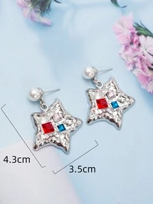 1 Cặp Hoa tai ngôi sao hợp kim kẽm không đối xứng thời trang mới cổ điển dành cho phụ nữ hình vuông thủy tinh nhiều màu ngọc trai giả trang sức màu sắc phù hợp - Bạc - Xem 4