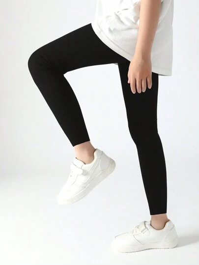 1 条儿童紧身裤，女童紧身裤，竖条纹，纯黑色，七分紧身裤，适合夏季、所有季节、日常穿着、返校、学生、新学期、开学