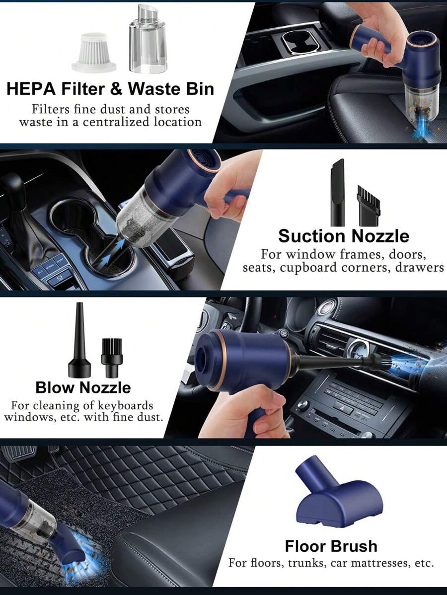 Cordless Handheld Car Vacuum Cleaner 8000Pa Suction Power, Dual Use