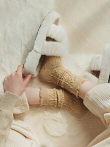 3pairs Women's Autumn & Winter Solid Color Warm & Simple Frill Border Fashionable Coffee Series Mid-Calf Socks - Multicolor - View 8