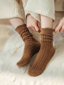 3pairs Women's Autumn & Winter Solid Color Warm & Simple Frill Border Fashionable Coffee Series Mid-Calf Socks - Multicolor - View 4