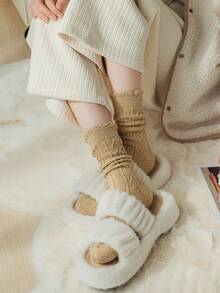 3pairs Women's Autumn & Winter Solid Color Warm & Simple Frill Border Fashionable Coffee Series Mid-Calf Socks - Multicolor - View 7