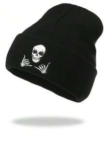 1 件男士针织帽，带有骷髅和鬼魂刺绣图案，竖起大拇指街头万圣节骷髅帽秋季服装 - 黑色 - 查看 1