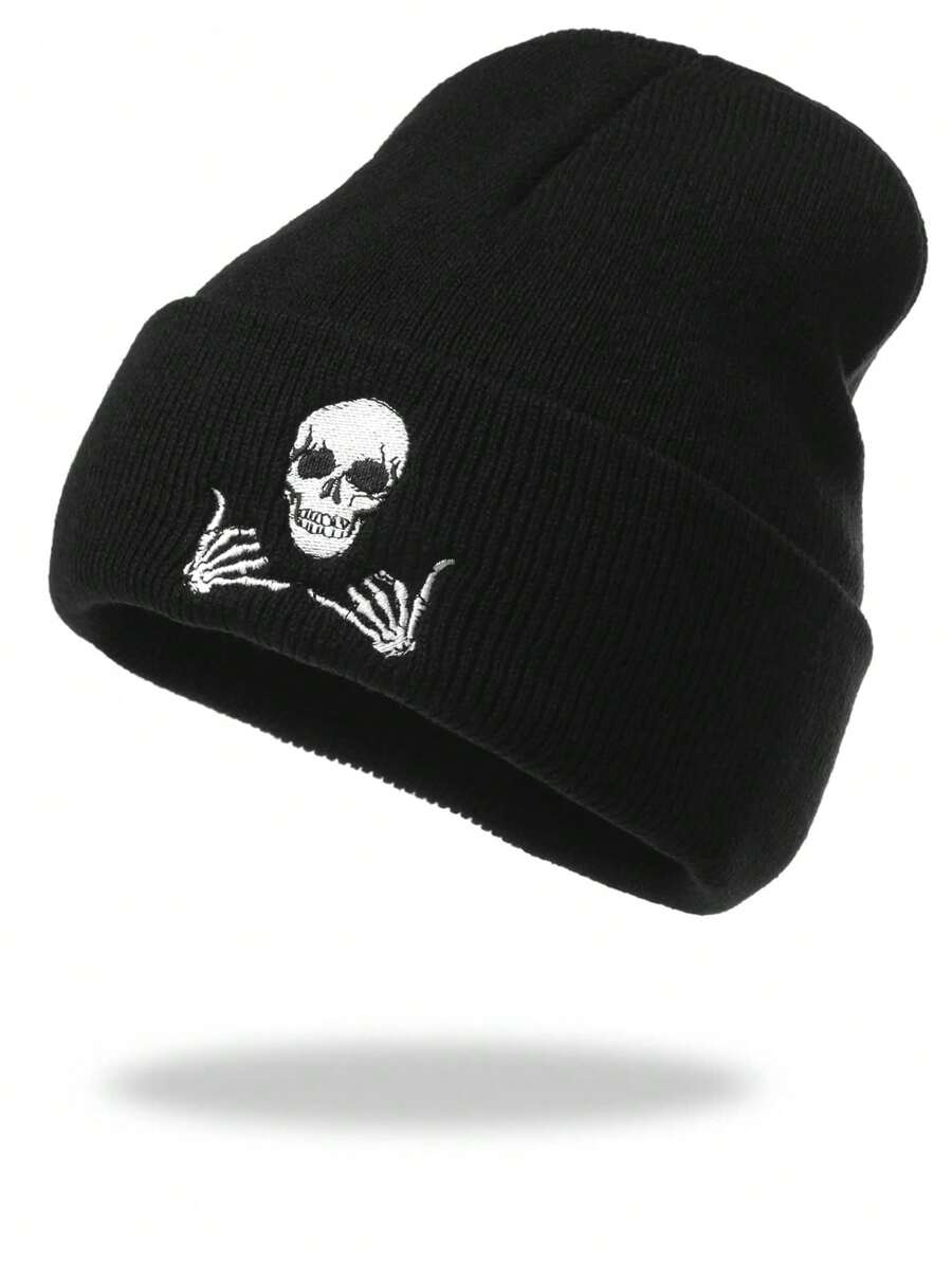 1 件男士针织帽，带有骷髅和鬼魂刺绣图案，竖起大拇指街头万圣节骷髅帽秋季服装 - 黑色 - 查看 1