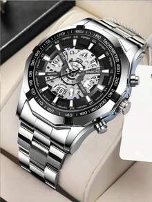 BINBOND 时尚男士镂空石英表 不锈钢防水顶级品牌奢华透明石英运动男表 朋克嘻哈表带风格镂空石英男表