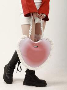 Fashionable Large Capacity Gradient Color Punk Style Heart Shape Shoulder Bag With Furry Edges, Autumn & Winter - Pink - View 5