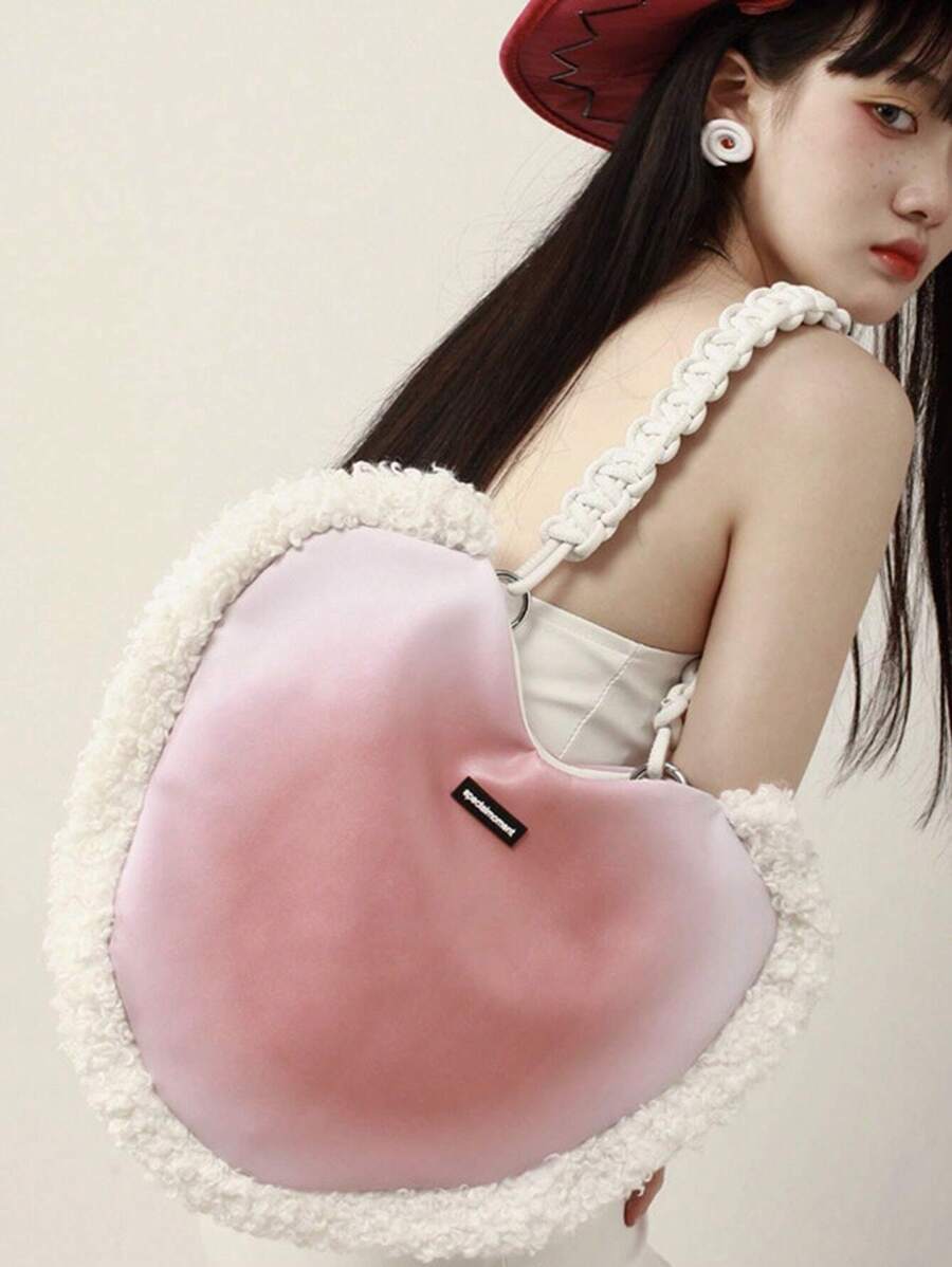 Fashionable Large Capacity Gradient Color Punk Style Heart Shape Shoulder Bag With Furry Edges, Autumn & Winter - Pink - View 1