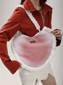 Fashionable Large Capacity Gradient Color Punk Style Heart Shape Shoulder Bag With Furry Edges, Autumn & Winter - Pink - View 2