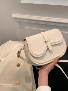 Pu 面料皮帶扣翻蓋女式半圓形斜挎包,簡約時尚多功能 - 米色 - 查看 2