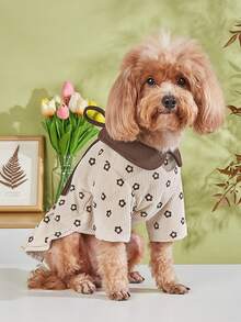 1 件冬季保暖加厚灯芯绒复古连衣裙，带彼得潘领和蝴蝶结装饰，适合宠物狗和猫 - 棕色 - 查看 2