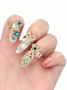 Conjunto De 12 Anillos Para Uñas Para Mujeres Con Diseño Exquisito Para Arte De Uñas, Decoraciones De Moda Con Anillos De Cristal Con Forma De Lazo Y Corona, Accesorios De Encanto Colgantes Y Vintage En Plata Y Oro Para Uñas Puntiagudas De Los Dedos - Dorado - Ver 7