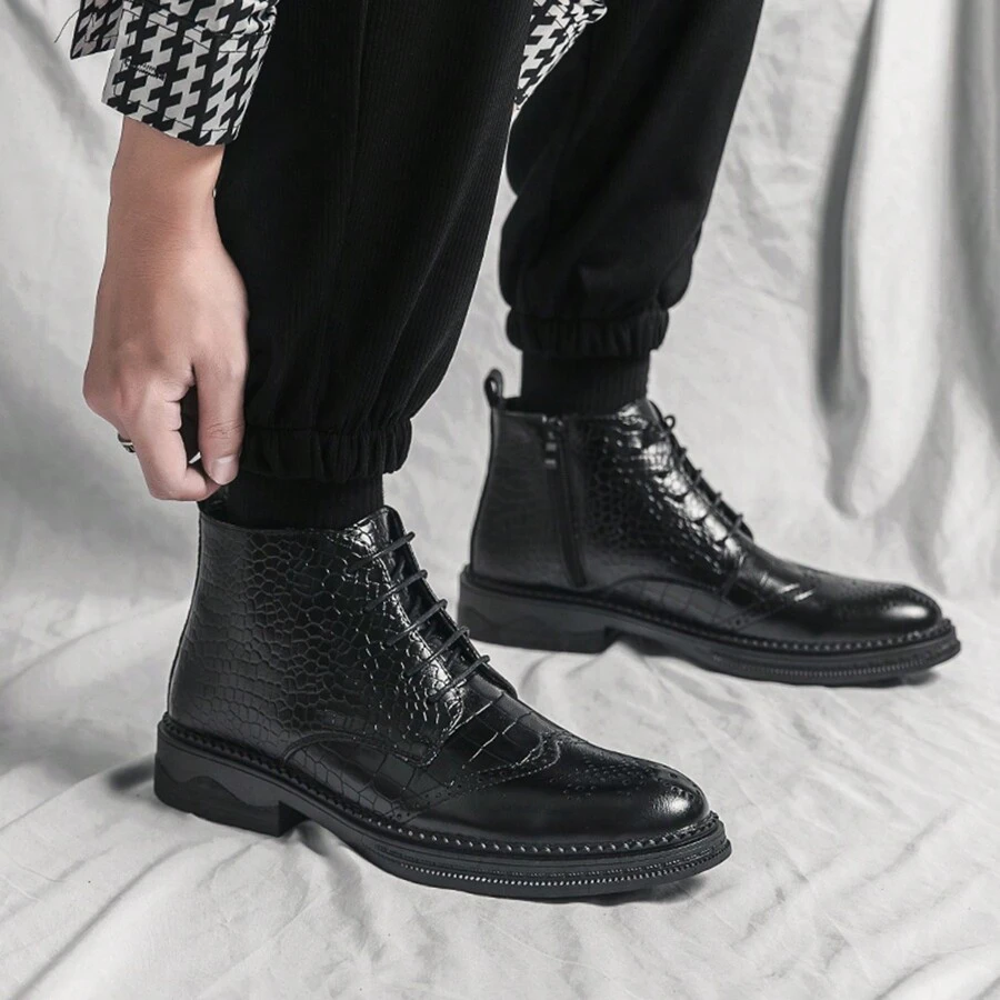 Chaussures À Brogues en PU À Bout Pointu Pour Homme, Bottines De Style Britannique, Chaussures Formelles Et Professionnelles, Chaussures Décontractées Respirantes Et Mocassins Antidérapants - Noir - Voir 1