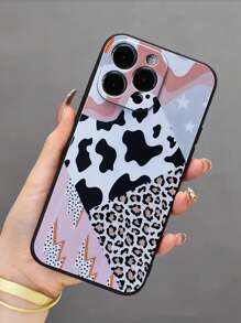 1件豹紋拼圖邊緣矽膠防震手機殼,適用於蘋果和三星手機 - 彩色 - 查看 1