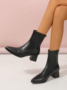 Women's Black Pointed Toe Chunky Heel PU Leather Fashion Ankle Boots, Slim Casual Daily Sexy Short Boots With Back Zipper, Simple Versatile Black Boots For Autumn/Winter - Black - View 3