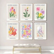 6入組花市場印花,花卉圖案繪畫海報,植物掛畫,藝術品壁畫適用於客廳家庭墻面裝飾,邊框11.8x15.7英寸 - 杏色 - 查看 1