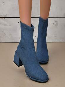 Botines para mujeres de moda grueso tacón unicolor con diseño simple - Azul - Ver 1