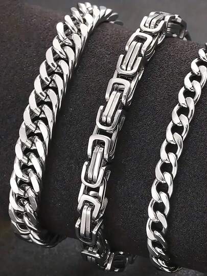 3pcs/Set Men's Stainless Steel Simple Fashion Link Chain Bracelet, Daily Wear Bracelet