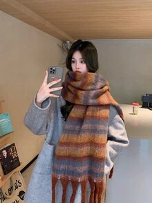 1 件條紋亞克力圍巾,復古漸變色流蘇裝飾,適合學生和情侶 - 咖啡棕 - 查看 3