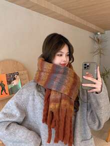 1 件條紋亞克力圍巾,復古漸變色流蘇裝飾,適合學生和情侶 - 咖啡棕 - 查看 2