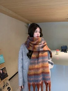 1 件條紋亞克力圍巾,復古漸變色流蘇裝飾,適合學生和情侶 - 咖啡棕 - 查看 5