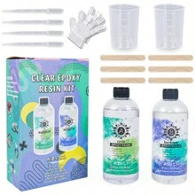 32 盎司（约 907.2 克）环氧树脂水晶透明环氧树脂硅胶入门套件，珠宝级 2 部分环氧树脂 A 和 B - 包括树脂和硬化剂（各 16 盎司/473 毫升，随机颜色瓶），带 2 个量杯、4 根木棍、1 对随机颜色手套、4 根吸管、随机颜色硅胶垫（30*20CM）、1 个电子秤，用于珠宝制作、DIY - 彩色 - 查看 4