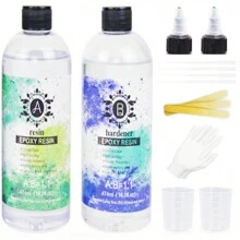 32 盎司（约 907.2 克）环氧树脂水晶透明环氧树脂硅胶入门套件，珠宝级 2 部分环氧树脂 A 和 B - 包括树脂和硬化剂（各 16 盎司/473 毫升，随机颜色瓶），带 2 个量杯、4 根木棍、1 对随机颜色手套、4 根吸管、随机颜色硅胶垫（30*20CM）、1 个电子秤，用于珠宝制作、DIY - 彩色 - 查看 2