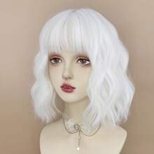 White Synthetic Short Wavy Women Wig Fluffy Cosplay Lolita Heat Resistant Hair Wig - White - View 5