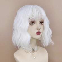 White Synthetic Short Wavy Women Wig Fluffy Cosplay Lolita Heat Resistant Hair Wig - White - View 4