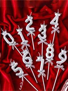 1pc Silver Number Candle With Crown & Bowknot Design For Birthday Cake Decoration, 0-9, For Birthday Party - Silver - View 3