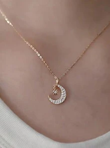 BALMORA 1件925纯银优雅可爱星月锆石吊坠项链，女士时尚锁骨链，适合派对、日常佩戴、礼品