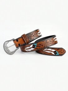 Boho 1 szt. Modny pasek skórzany w stylu zachodnim z wytłoczonym piórem dla kobiet, z rzeźbionym wzorem kwiatowym Halloween - Wielokolorowe - Zobacz 1