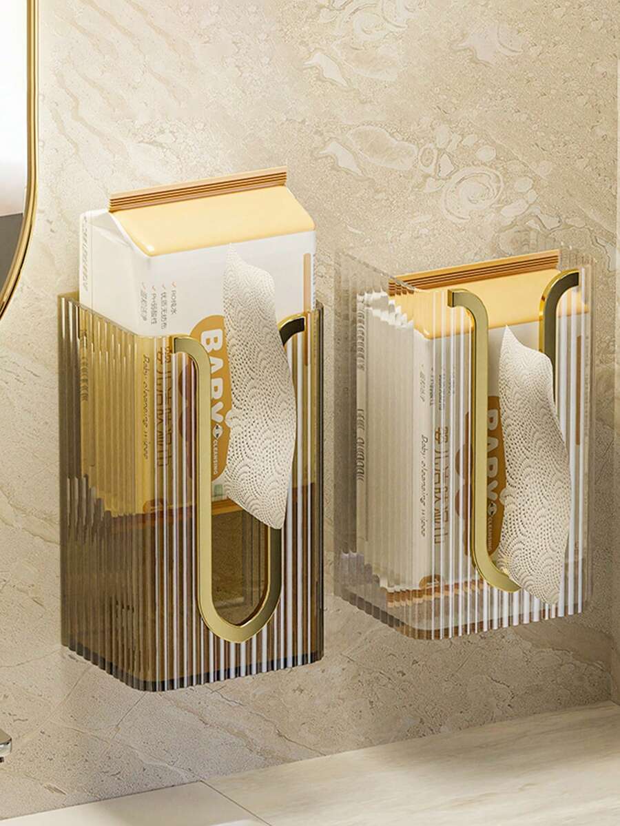 1個浴室衛生紙盒架,掛牆式紙巾盒,金色框架防水紙巾盒,透明優雅設計,無需鑽孔易於安裝 - 金色 - 查看 1