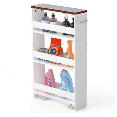 Niche Shelf With Wheels, 4 Levels Shelf Trolley With Handle, Kitchen Cabinet Bathroom Shelf Rolling Shelf For Kitchen Bathroom, Laundry