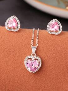 3pcs/Set Solid Color Heart Shaped Zirconia Earrings, Necklace & Pendant Set, 5 Colors Available Valentines