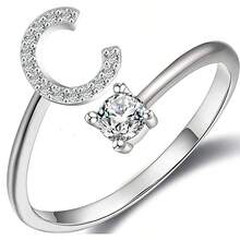 1件925銀可調節開口戒指,配有閃亮人造鑽石和26個字母a-z設計,適合女性日常穿著 - A - 查看 12