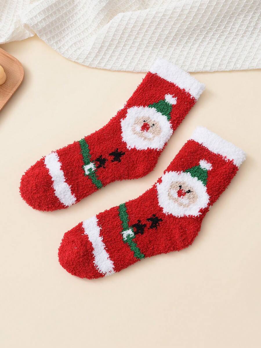 1 雙女式 Ins 風格拼色聖誕襪,冬季珊瑚絨柔軟睡眠襪,休閒時尚 - 彩色 - 查看 1