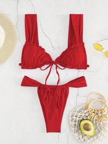 Nuevo conjunto de bikini de unicolor, elegante y sexy para mujeres, con cuello halter y terminación de volantes, para el verano