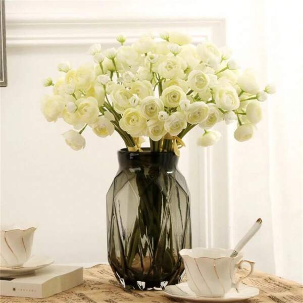 12Pcs 39cm/15.35in Ranunculus Artificial Flower, Faux Silk Mini