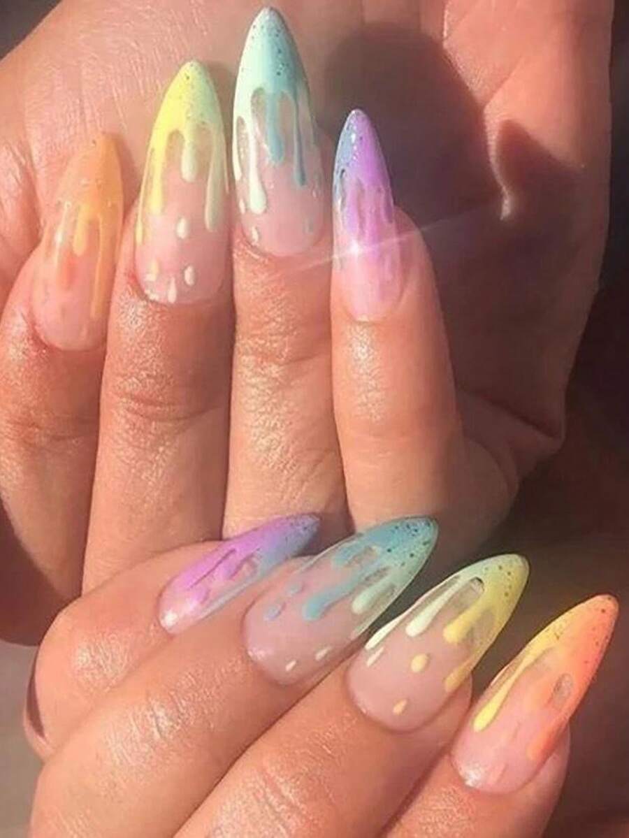 24入組彩虹漸變長尖形假指甲+1枚糖果口香糖+1枚指甲油修整條 - 彩色 - 查看 1