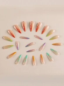 24入組彩虹漸變長尖形假指甲+1枚糖果口香糖+1枚指甲油修整條 - 彩色 - 查看 3