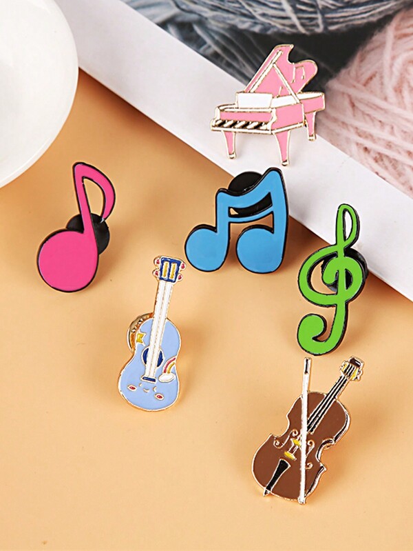 6pcs Musical Instrument Brooch Set, Cartoon Cute Piano Notation Guitar Lapel Pin Decorations For Sweaters, Jackets, School Uniforms, Creative Student Accessories