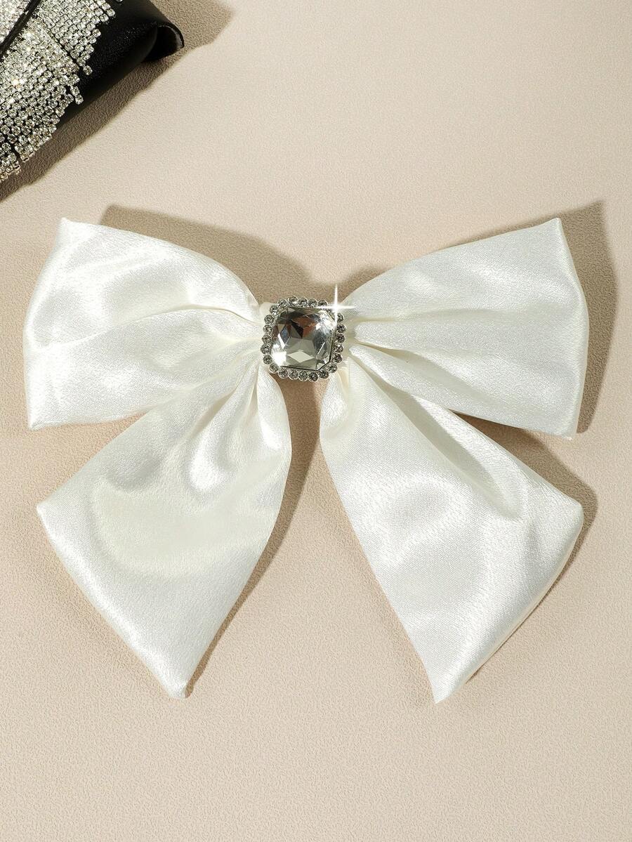 1pc Ladies' Relaxed White Ribbon Hair Clip With Rhinestones Border & Imitation Gems, Suitable For Dating And Daily Wear - White - View 1