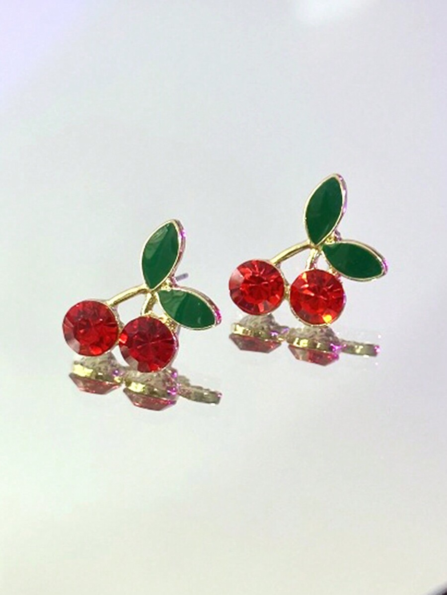 1pair Simple & Sweet Drip Oil Red Cherry Design Earrings With Elegant