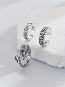 3pcs/set Fashionable Antique Silver Men's Rings, Daily Mix And Match Ring Set - Antique Silver - View 4